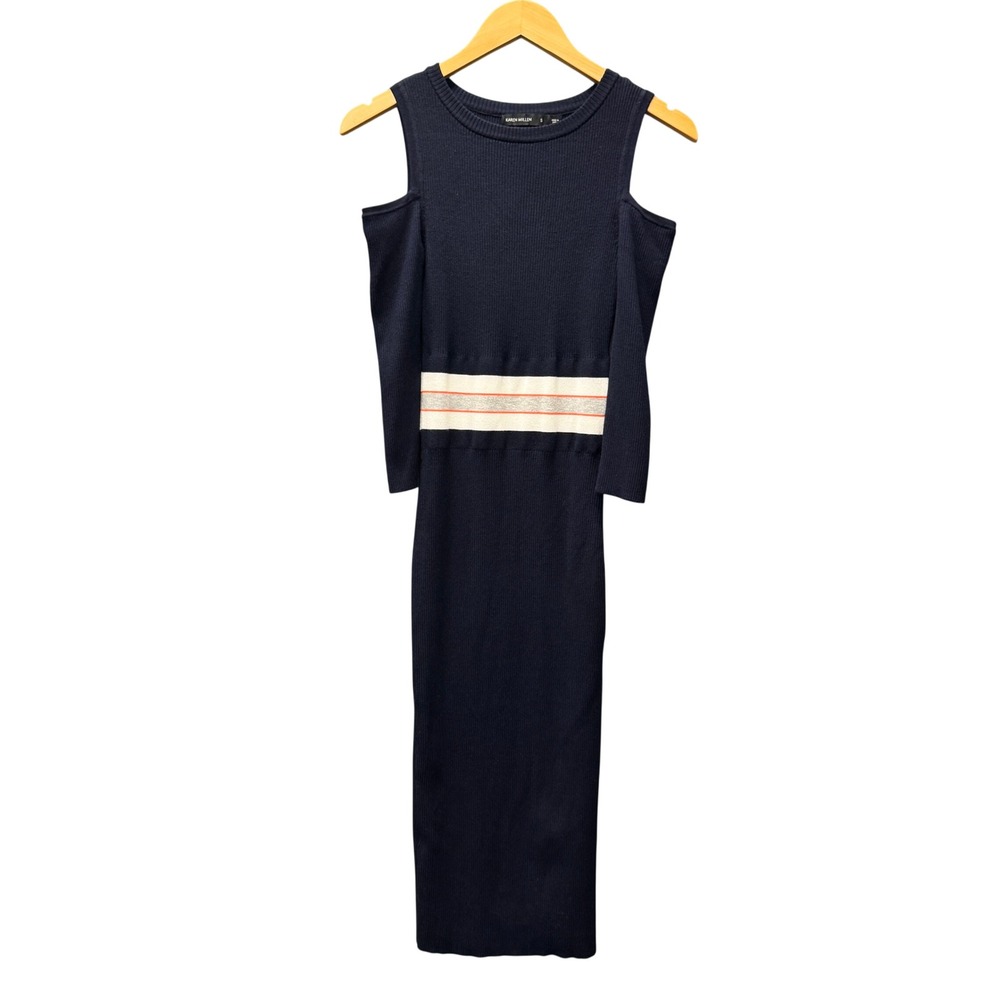 Karen Millen Dress Womens Small Cold Shoulder Knit Midi Navy Blue Ribbed Bodycon